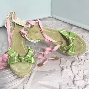 J Crew Marianne Espadrille Pink/Green Wrap Ankle Wedge Sandals Women’s 8